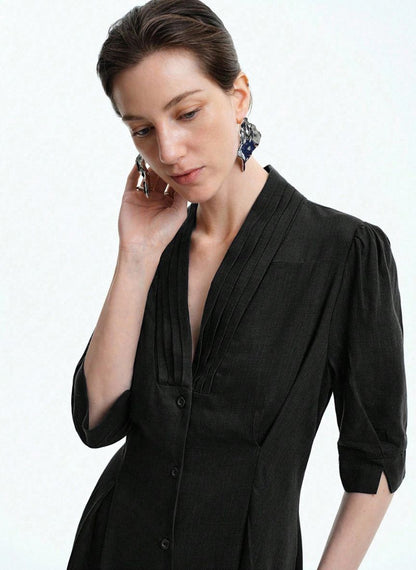 High-Waisted Dress With Flared Sleeves - Linheir