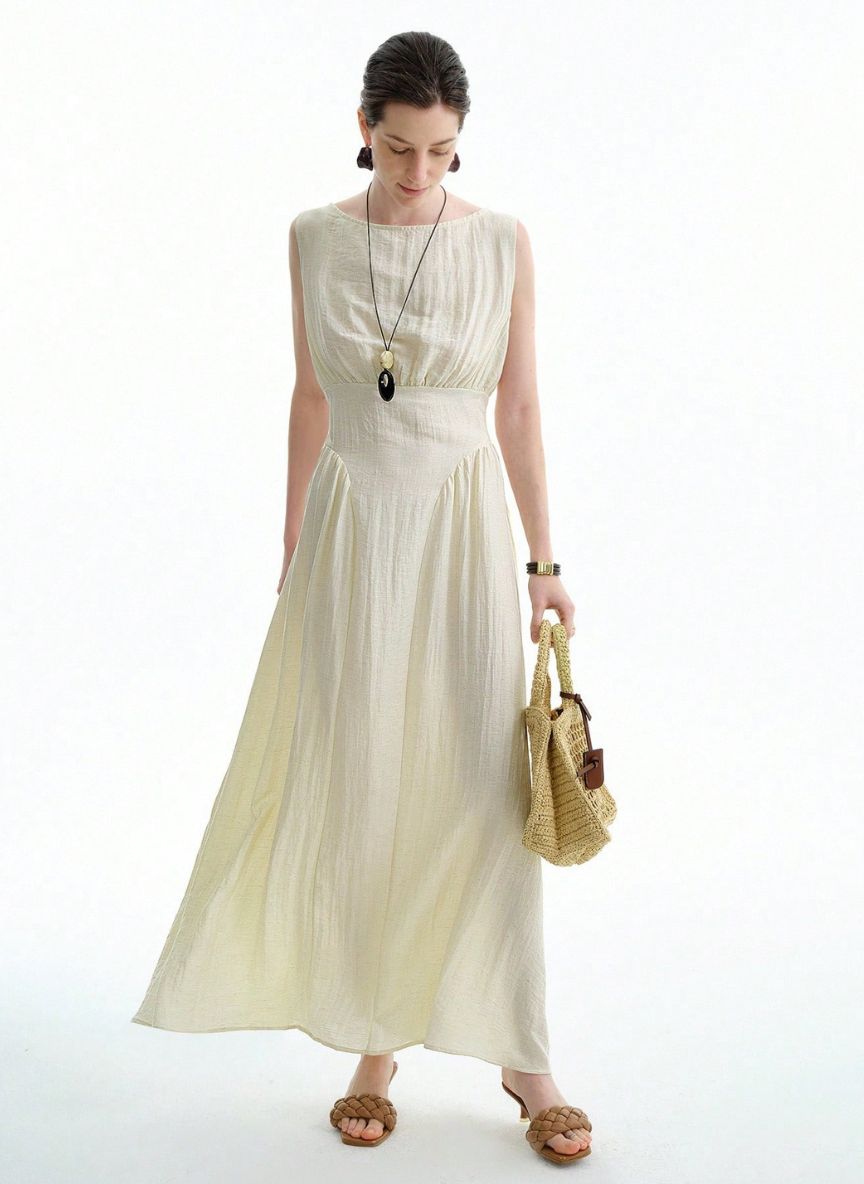 Maxi Dress with Mandarin Collar - Linen