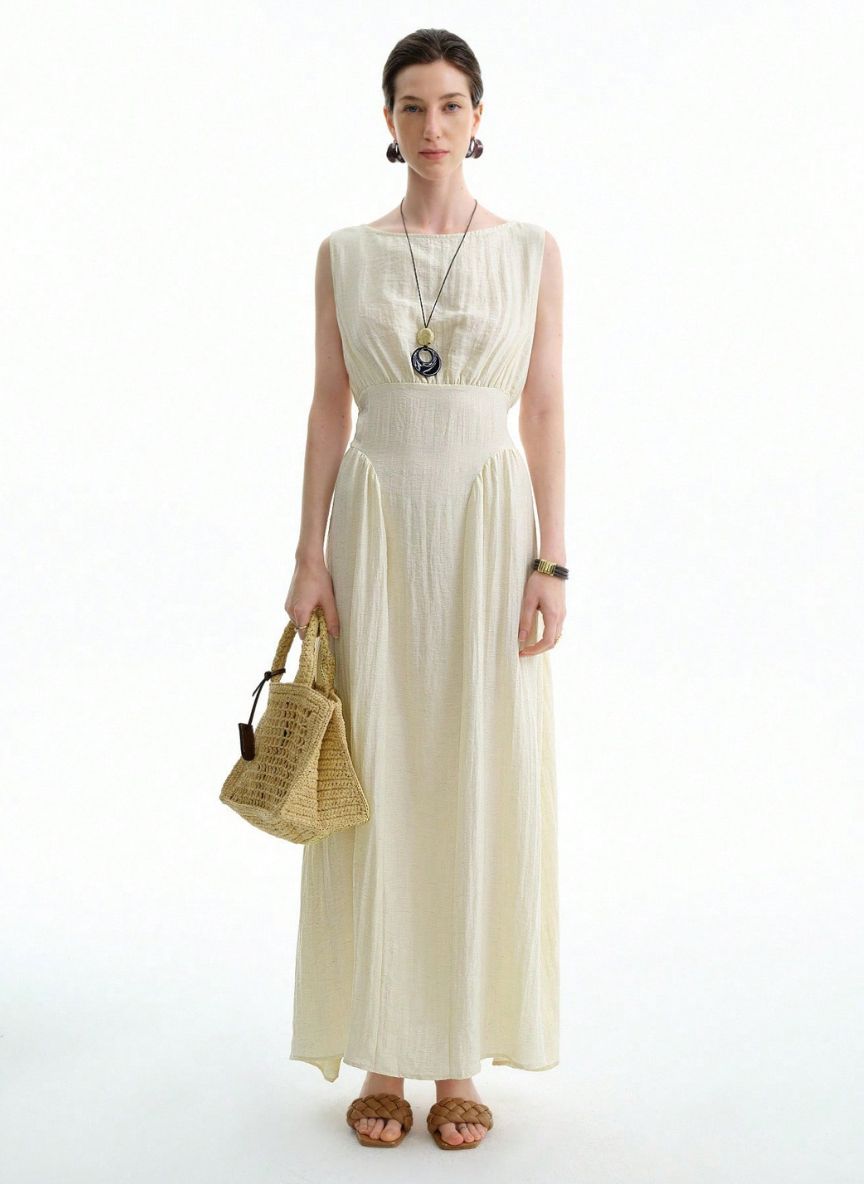 Maxi Dress with Mandarin Collar - Linen