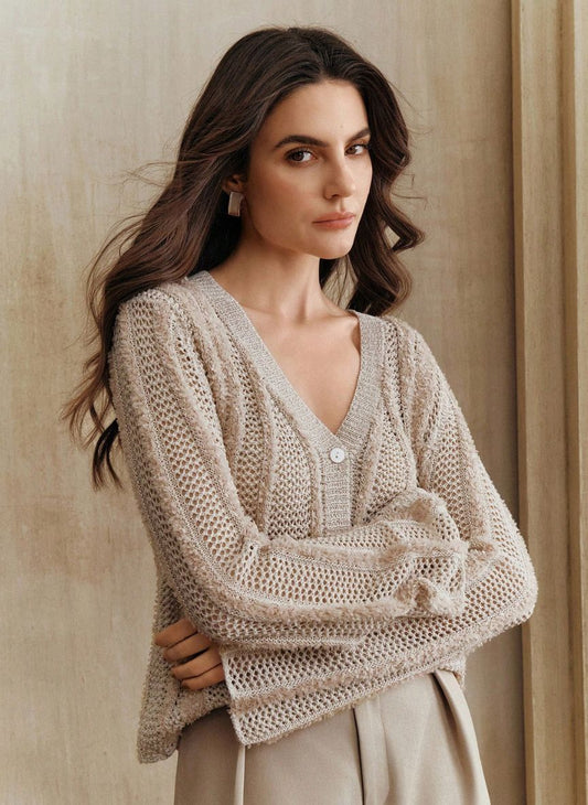 Elegant Striped Openwork Knit Cardigan - Linheir