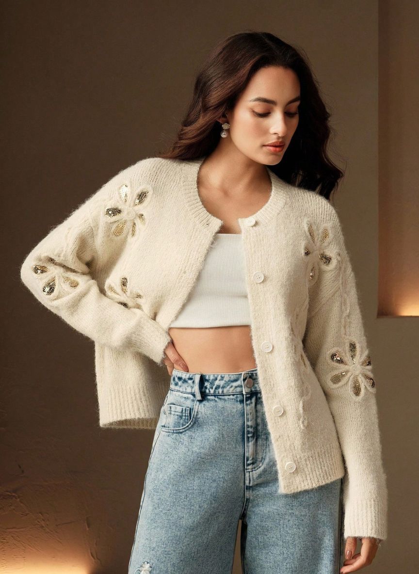 Embroidered Sequin Knit Cardigan – Linheir