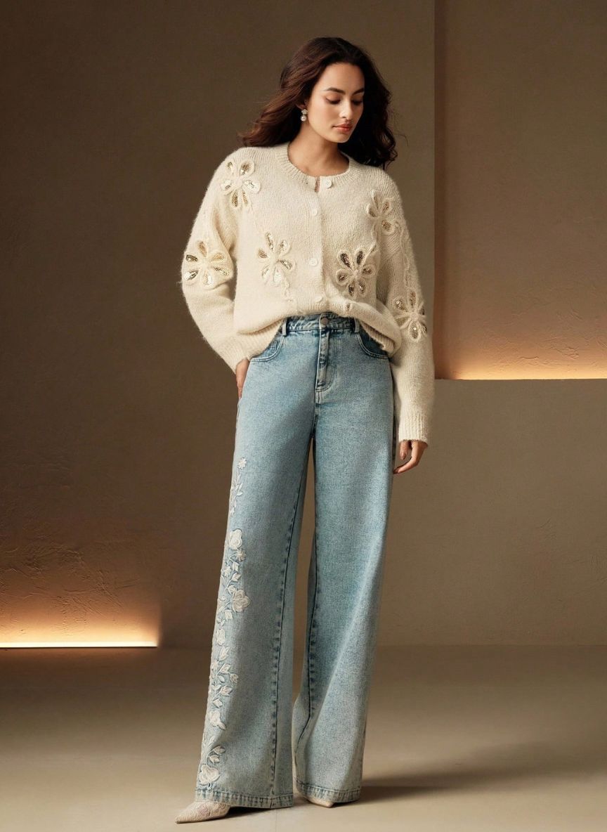 Embroidered Sequin Knit Cardigan – Linheir