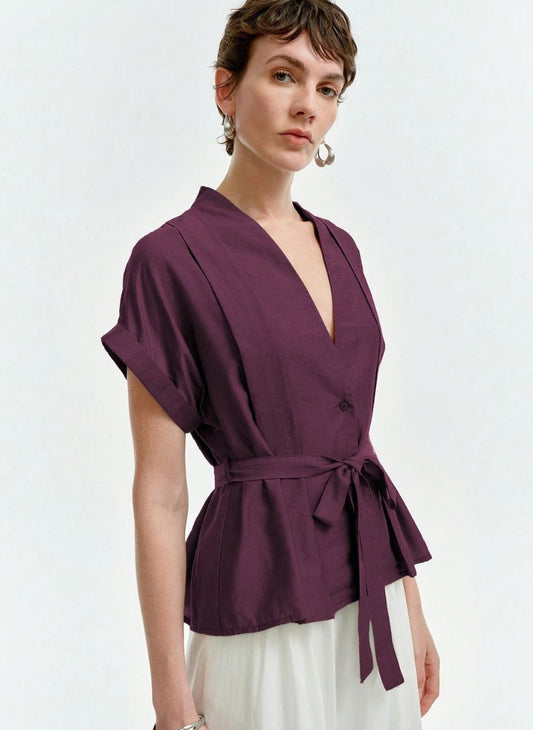Linen Blouse V-neck Dropped Shoulders - Linheir
