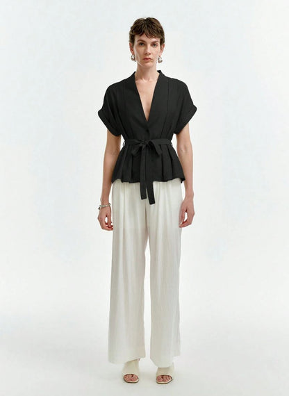 Linen Blouse V-neck Dropped Shoulders - Linheir