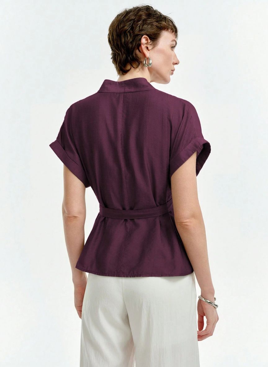 Linen Blouse V-neck Dropped Shoulders - Linheir