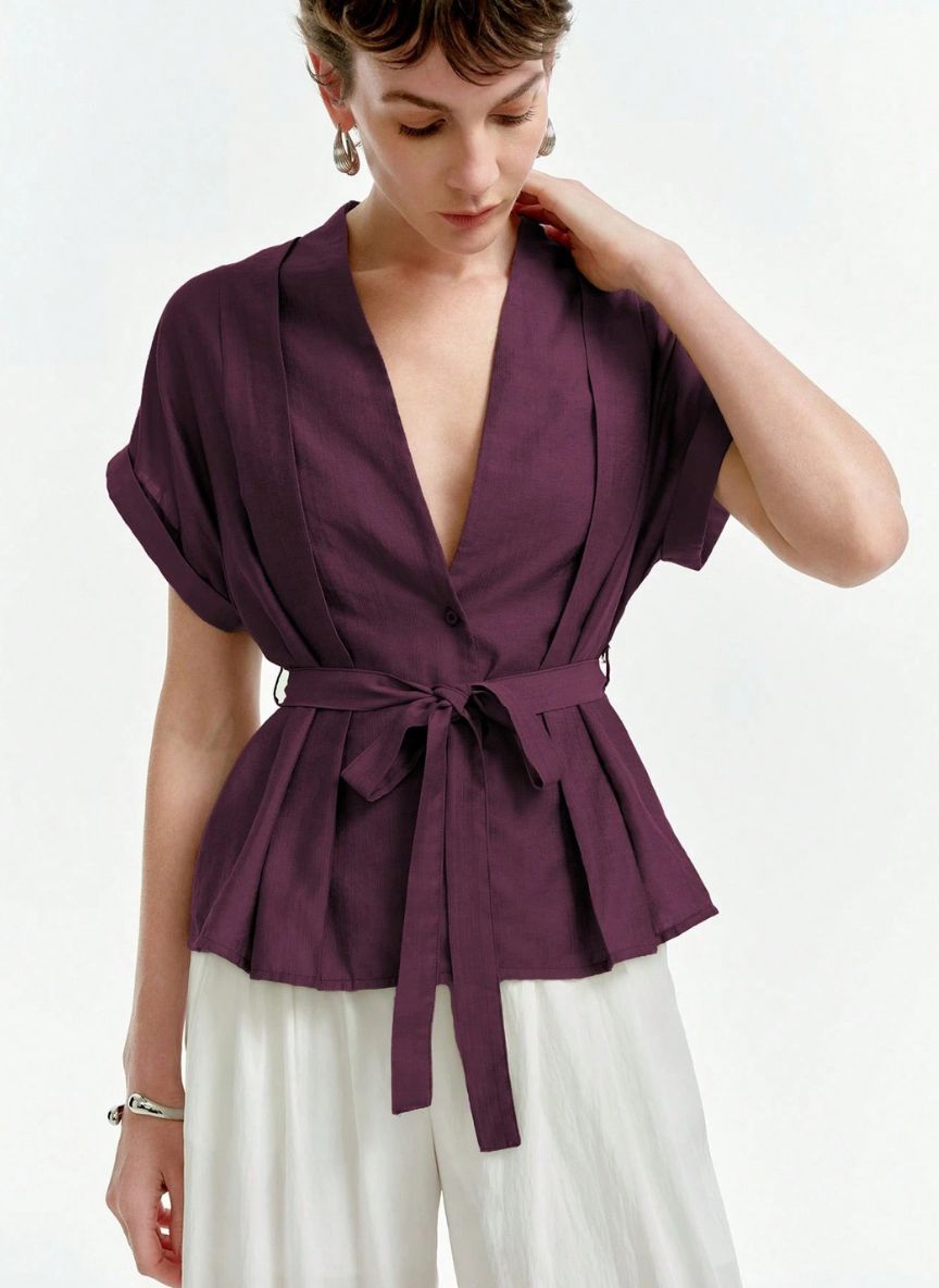 Linen Blouse V-neck Dropped Shoulders - Linheir