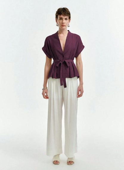 Linen Blouse V-neck Dropped Shoulders - Linheir