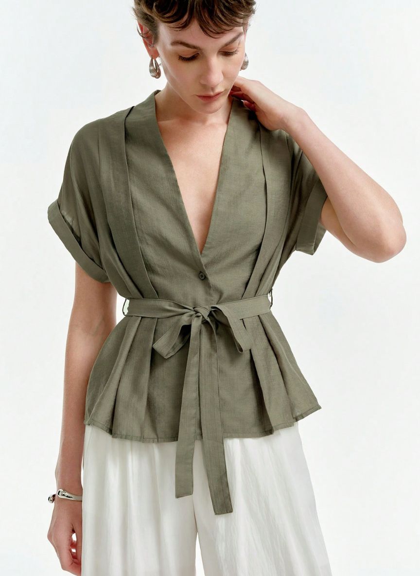 Linen Blouse V-neck Dropped Shoulders - Linheir
