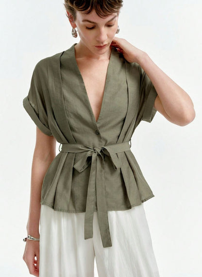 Linen Blouse V-neck Dropped Shoulders - Linheir
