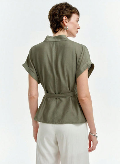 Linen Blouse V-neck Dropped Shoulders - Linheir