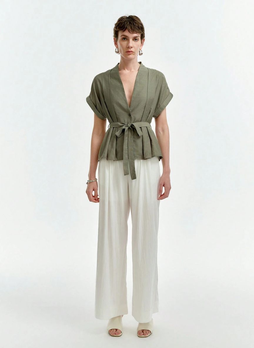 Linen Blouse V-neck Dropped Shoulders - Linheir