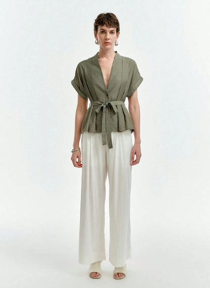 Linen Blouse V-neck Dropped Shoulders - Linheir