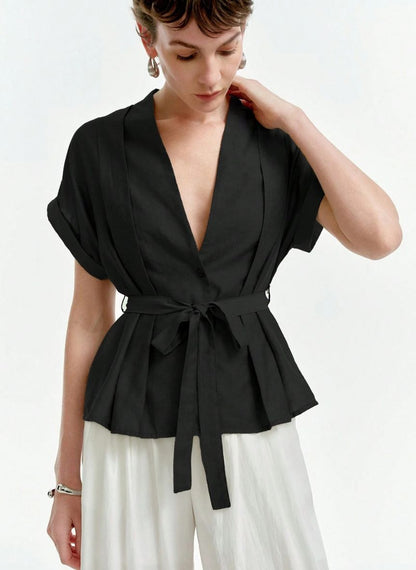 Linen Blouse V-neck Dropped Shoulders - Linheir