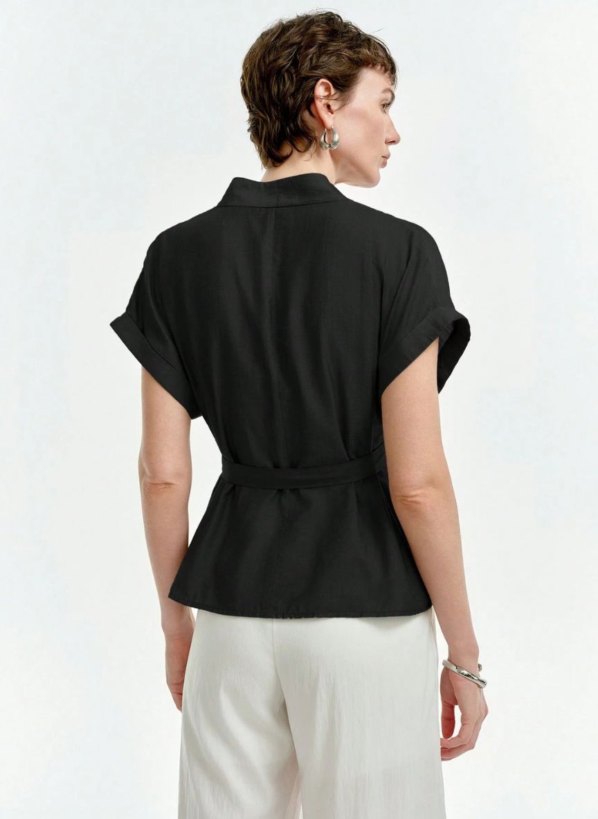 Linen Blouse V-neck Dropped Shoulders - Linheir