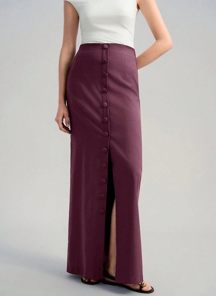 Wide Front Slit Skirt With Button – Linheir