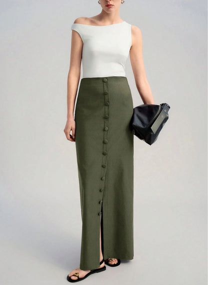 Wide Front Slit Skirt With Button – Linheir