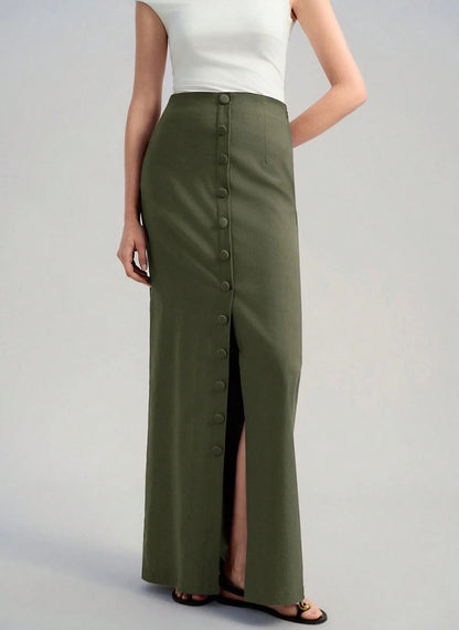 Wide Front Slit Skirt With Button – Linheir