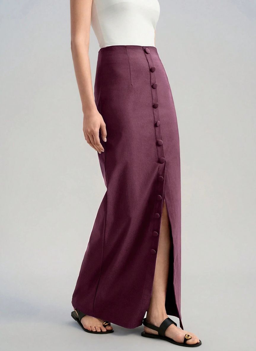 Wide Front Slit Skirt With Button – Linheir