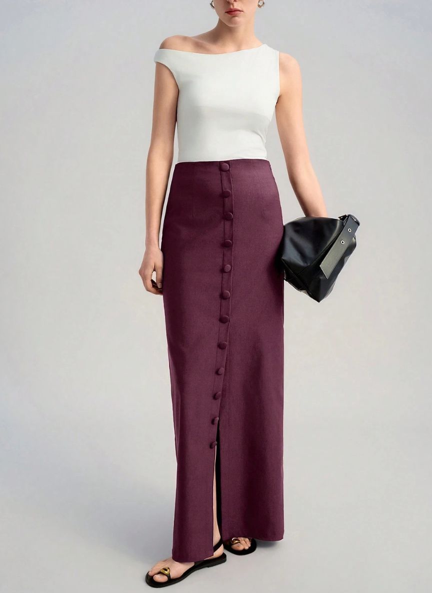 Wide Front Slit Skirt With Button – Linheir