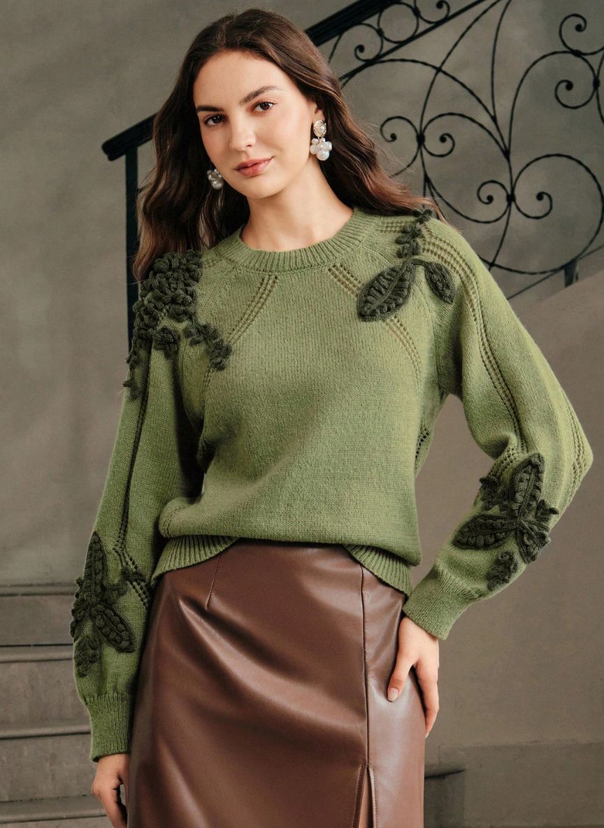 Women's Elegant Sweater Floral Embossed Knit - Linheir