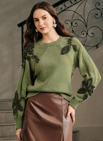 Women's Elegant Sweater Floral Embossed Knit - Linheir