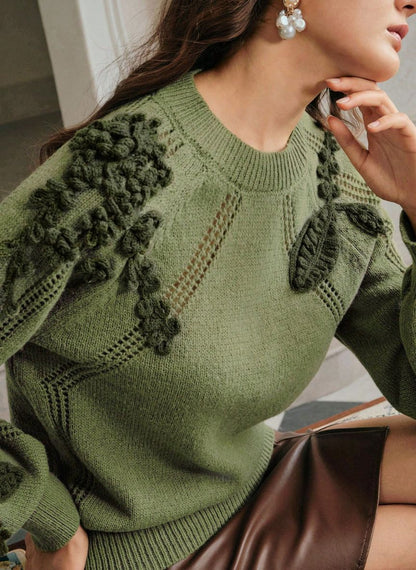 Women's Elegant Sweater Floral Embossed Knit - Linheir