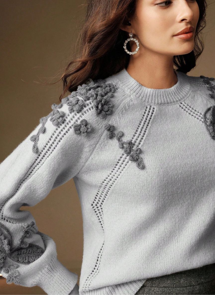 Women's Elegant Sweater Floral Embossed Knit - Linheir