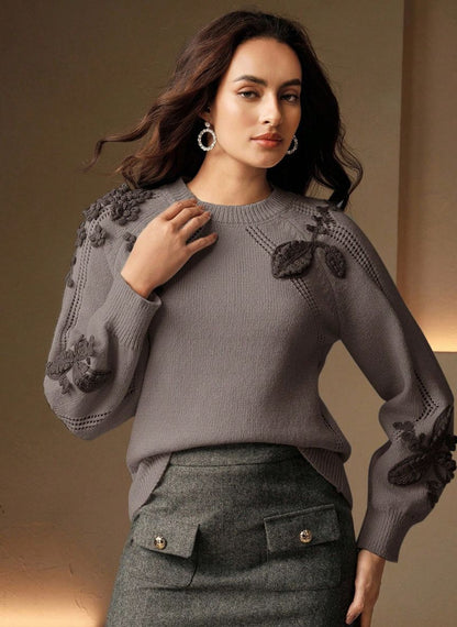 Women's Elegant Sweater Floral Embossed Knit - Linheir
