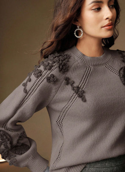 Women's Elegant Sweater Floral Embossed Knit - Linheir