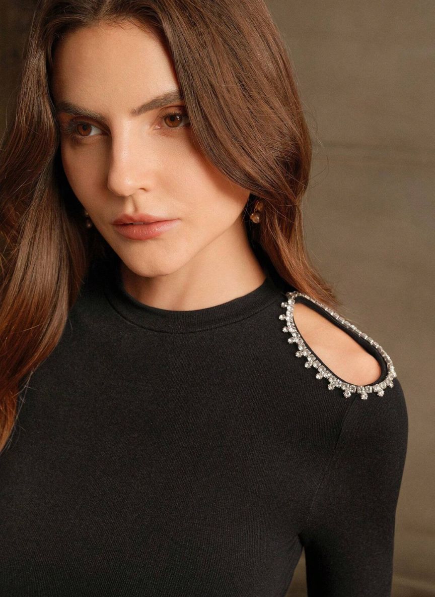 Women's Embellished T-Shirt with Ribbed High Neck – Linheir