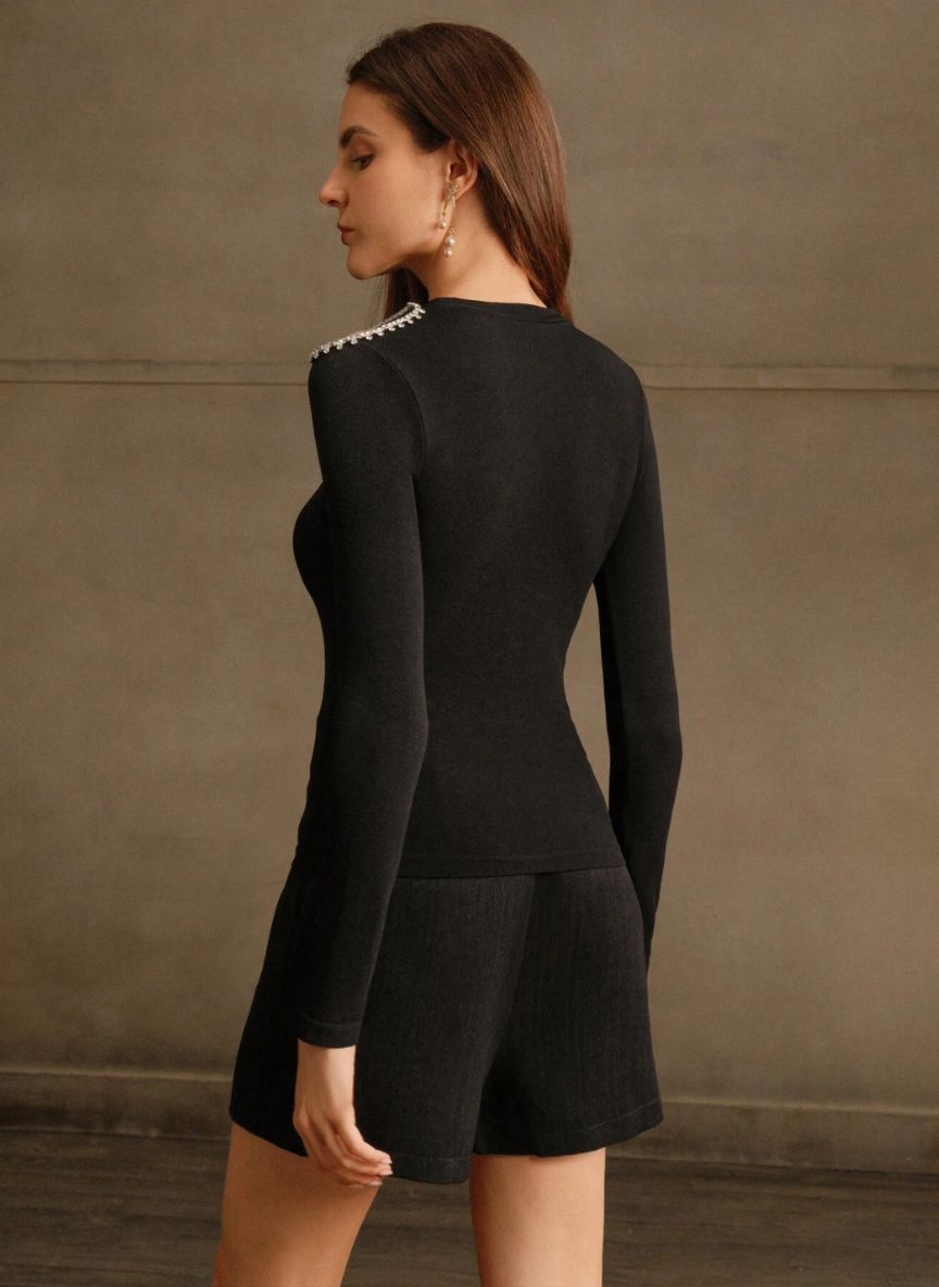 Women's Embellished T-Shirt with Ribbed High Neck – Linheir