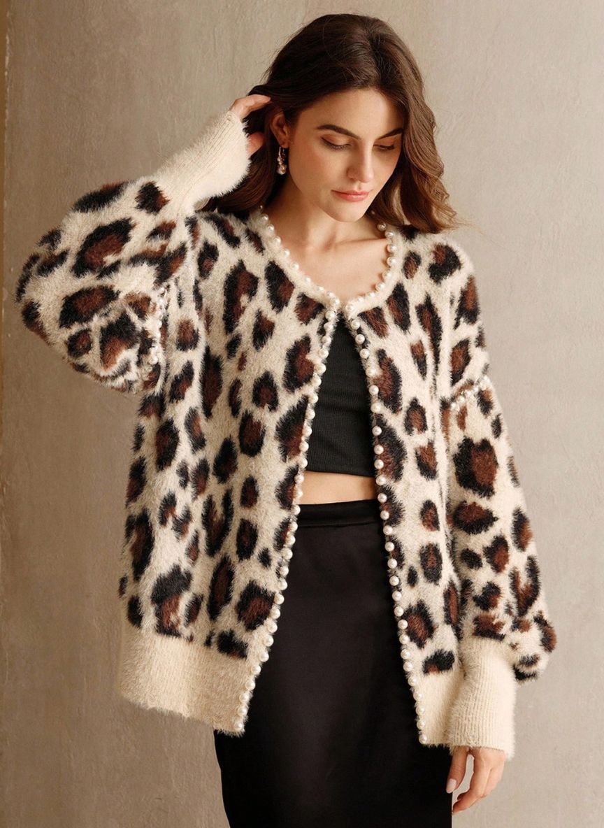 Women's Retro Pearl Leopard Cardigan - Linheir