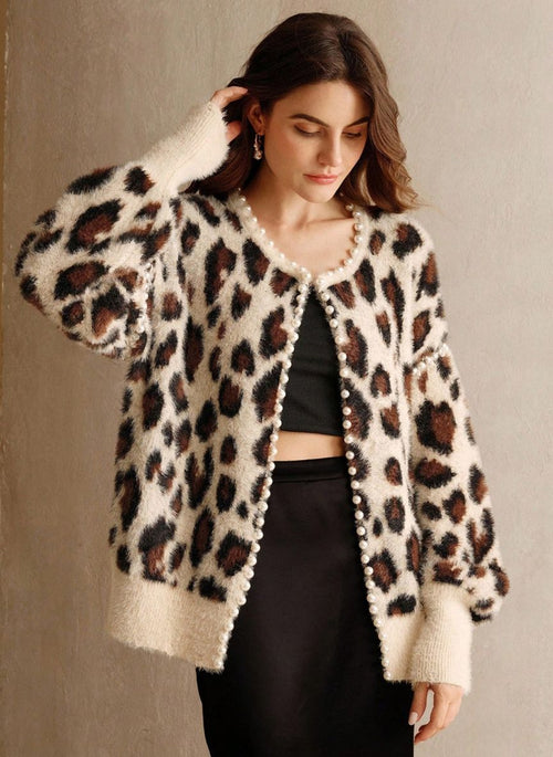 Women's Retro Pearl Leopard Cardigan - Linheir