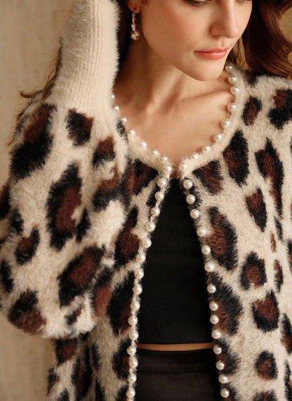 Women's Retro Pearl Leopard Cardigan - Linheir