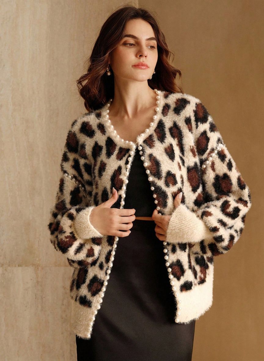 Women's Retro Pearl Leopard Cardigan - Linheir