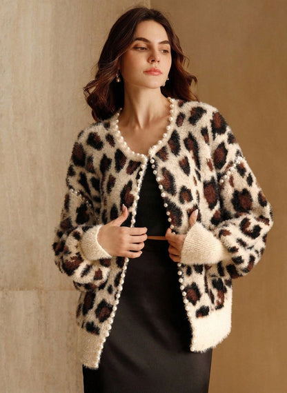 Women's Retro Pearl Leopard Cardigan - Linheir