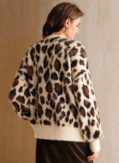 Women's Retro Pearl Leopard Cardigan - Linheir