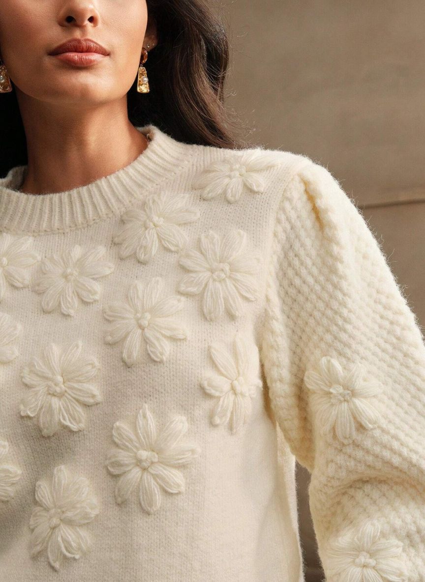 Women's Thick Crochet Sweater Floral Relief - Linheir