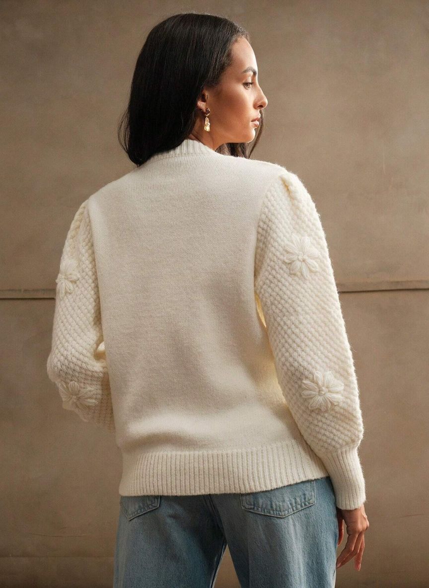 Women's Thick Crochet Sweater Floral Relief - Linheir