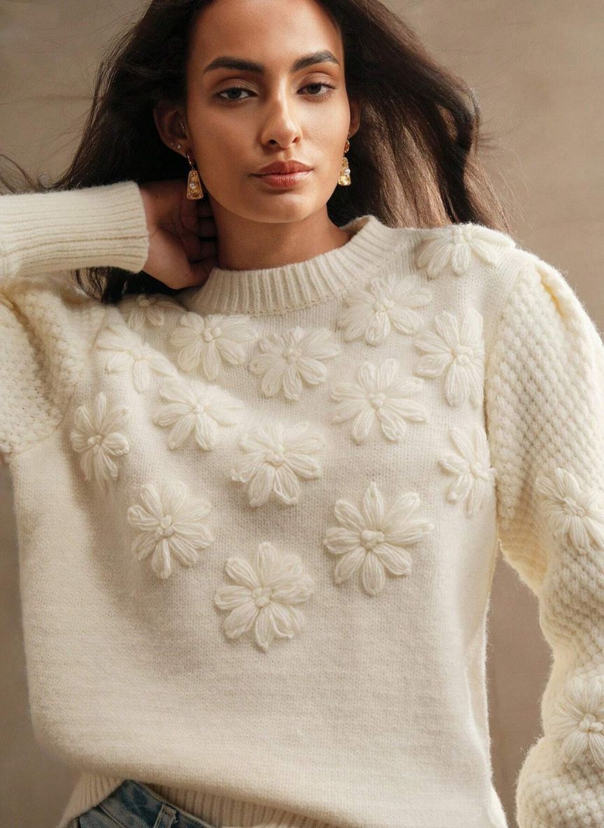 Women's Thick Crochet Sweater Floral Relief - Linheir