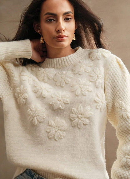Women's Thick Crochet Sweater Floral Relief - Linheir